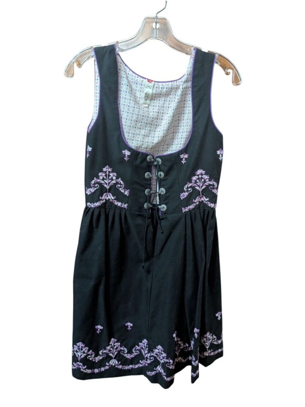 Womens Black & Purple Embroidered Dirndl Dress Cotton Size 42 Adjustable Bust La